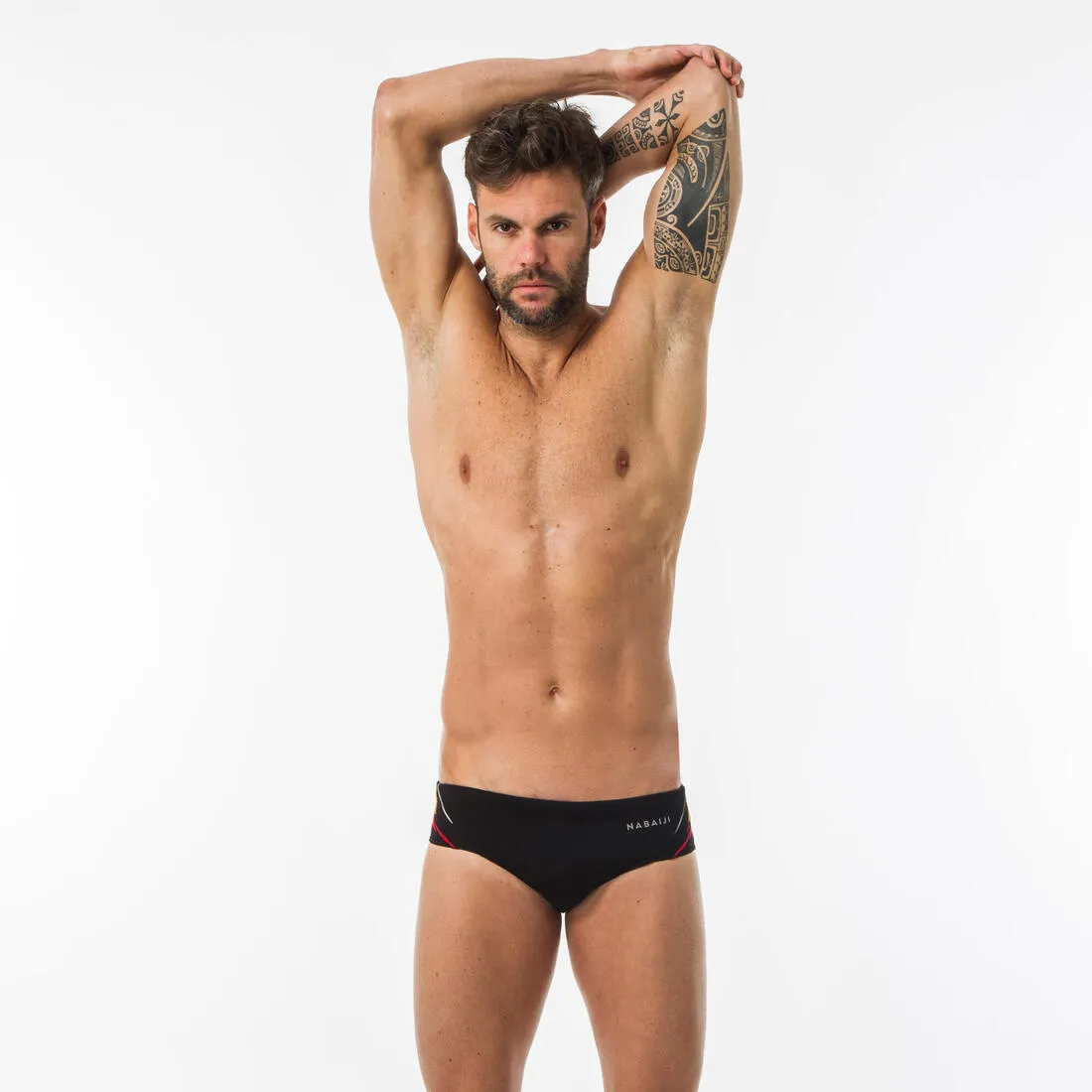MAILLOT DE BAIN NATATION HOMME SLIP 900 YOKE NOIR KAL ROUGE