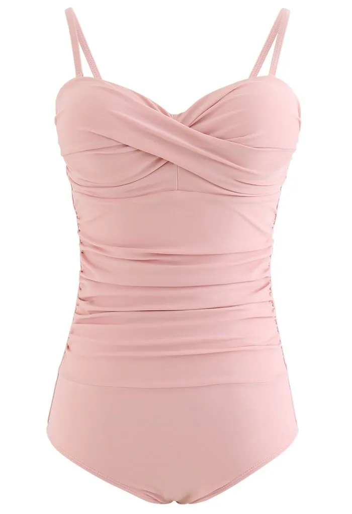 Maillot de bain une pièce à motif froncé en rose